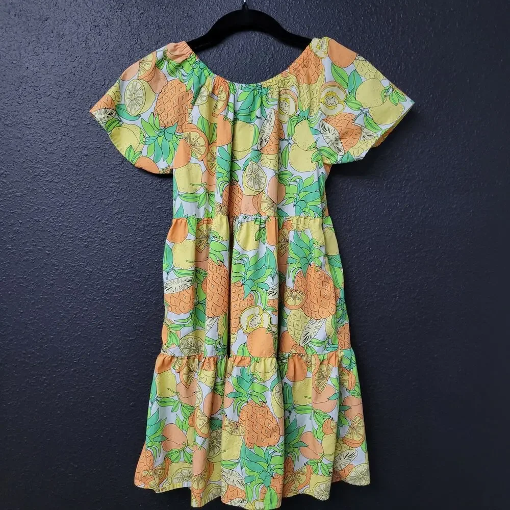 Peyton & Parker Girls Citrus Fruit Print Tiered Dress Size 10-12 Orange Lemon